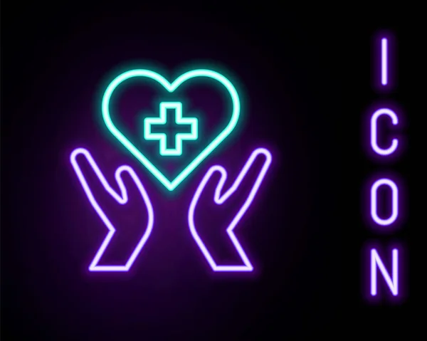 Glödande neon line Hjärta med en korsikon isolerad på svart bakgrund. Första hjälpen. Sjukvård, medicin och apotek tecken. Färgstarkt skisskoncept. Vektor — Stock vektor