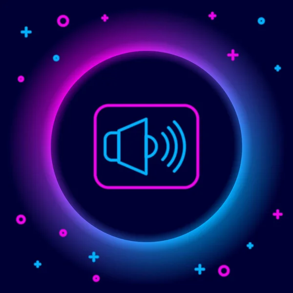 Línea de neón brillante Volumen del altavoz, símbolo de sonido de voz de audio, icono de música multimedia aislado sobre fondo negro. Concepto de esquema colorido. Vector — Vector de stock