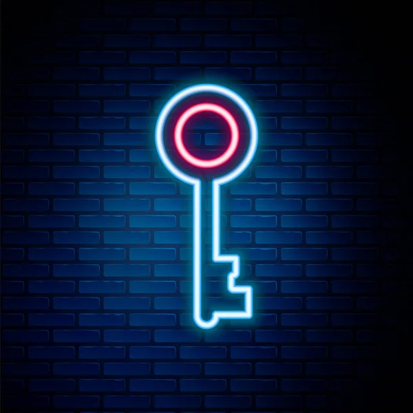 Gloeiende neon lijn Oude sleutel pictogram geïsoleerd op baksteen muur achtergrond. Kleurrijk concept. Vector — Stockvector