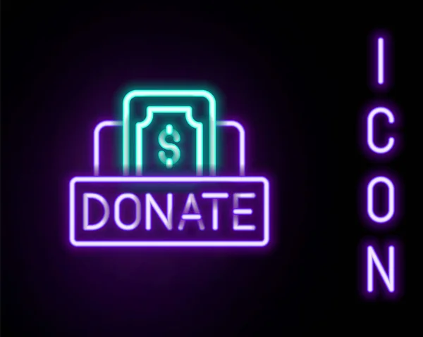 Świecąca neonowa linia darowizny i charytatywna ikona odizolowana na czarnym tle. Przekaż pieniądze i dobroczynność. Kolorowy koncept. Wektor — Wektor stockowy