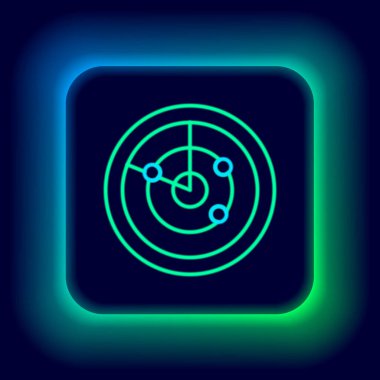 Siyah arkaplanda izole edilmiş bir simge arayışında hedefleri olan parlak neon hattı Radar. Arama sistemi. Donanma sonarı. Renkli taslak konsepti. Vektör