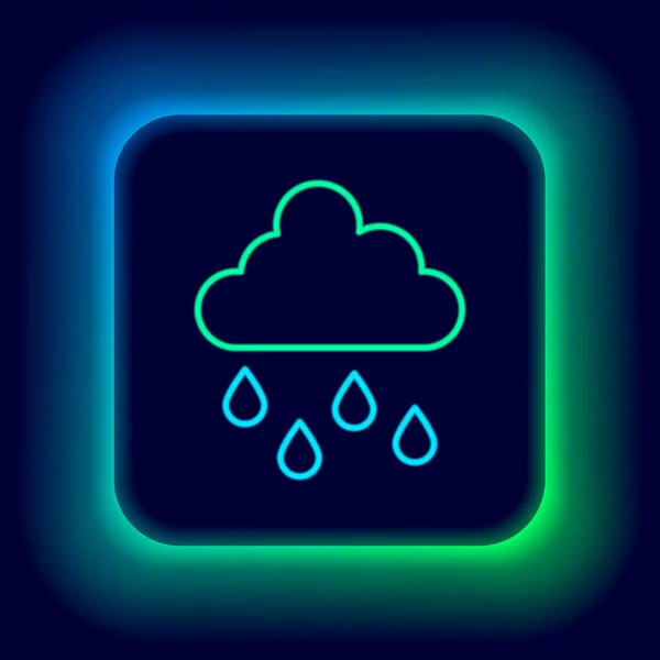 Brillante línea de neón Nube con icono de lluvia aislado sobre fondo negro. precipitación de nubes de lluvia con gotas de lluvia. Concepto de esquema colorido. Vector — Archivo Imágenes Vectoriales