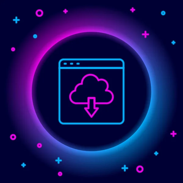 Linea neon incandescente Icona di download cloud isolata su sfondo nero. Concetto di contorno colorato. Vettore — Vettoriale Stock