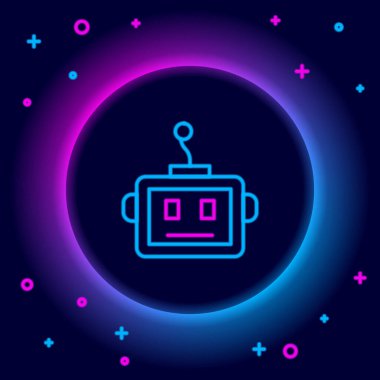 Parlayan neon hattı yapay zeka robot simgesi siyah arkaplanda izole edildi. Makine öğrenme, bulut hesaplama. Renkli taslak konsepti. Vektör