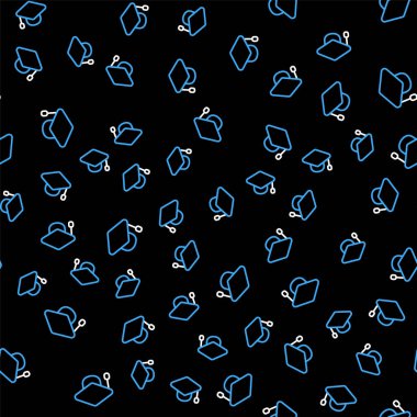 Çizgi mezuniyet simgesi siyah arkaplanda izole edilmiş kusursuz desen. Tassel ikonlu mezuniyet şapkası. Vektör