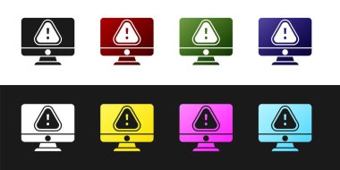 Bilgisayar monitörünü siyah ve beyaz arkaplanda izole edilmiş ünlem simgesi simgesi ile ayarla. Uyarı mesajı akıllı telefon uyarısı. Vektör İllüstrasyonu