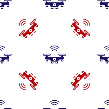Blue and red Smart drone system icon isolated seamless pattern on white background. Quadrocopter with video and photo camera symbol. Vector