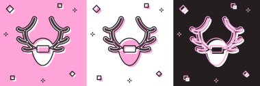 Set Deer antlers on shield icon isolated on pink and white, black background. Hunting trophy on wall. Vector