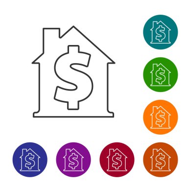 Black line House with dollar symbol icon isolated on white background. Home and money. Real estate concept. Set icons in color circle buttons. Vector