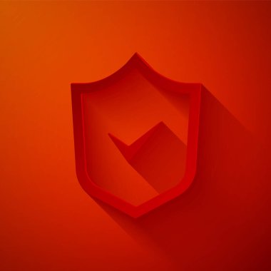 Paper cut Shield with check mark icon isolated on red background. Security, safety, protection, privacy concept. Tick mark approved. Paper art style. Vector