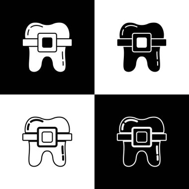 Siyah ve beyaz arkaplanda izole edilmiş diş teli simgesine sahip dişleri ayarla. Diş ısırığının hizası, diş telli sıra. Diş konsepti. Vektör