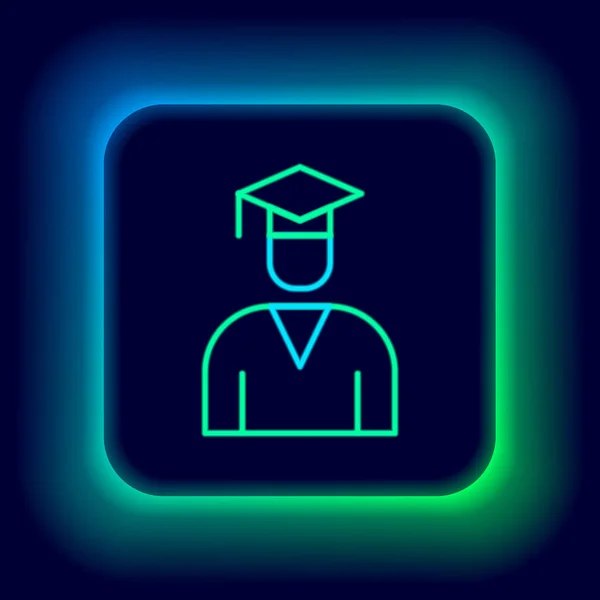 Linha de néon brilhante ícone de boné de graduação e graduação isolado no fundo preto. Conceito de esboço colorido. Vetor —  Vetores de Stock