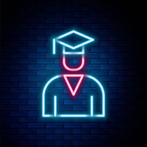 Linea neon incandescente Icona del cappello graduato e graduato isolata su fondo parete in mattoni. Concetto di contorno colorato. Vettore — Vettoriale Stock