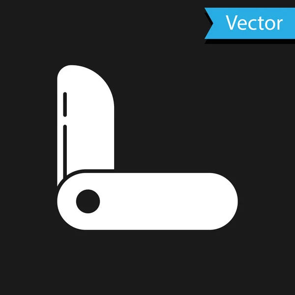 Icono de cuchillo suizo blanco aislado sobre fondo negro. Navaja multiusos y multiusos. Herramienta multifuncional. Ilustración vectorial — Vector de stock