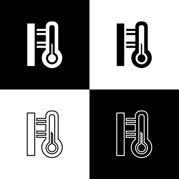 Set Termómetro de meteorología icono de medición aislado sobre fondo blanco y negro. Equipo de termómetro que muestra clima caliente o frío. Vector — Archivo Imágenes Vectoriales