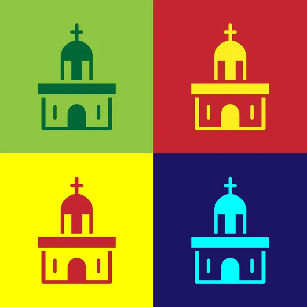 Pop art Chiesa edificio icona isolata su sfondo colore. Chiesa cristiana. Religione della chiesa. Vettore — Vettoriale Stock