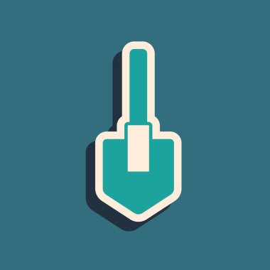 Yeşil Kürek simgesi yeşil arkaplanda izole edildi. Bahçe aletleri. Bahçecilik, tarım, çiftçilik aleti. Uzun gölge tarzı. Vektör