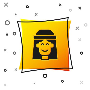 Black Hippie girl icon isolated on white background. Peace and love sign. Symbol pacificism freedom and love. Yellow square button. Vector