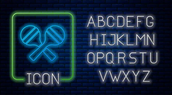 Świecący neon ikona Maracas izolowane na tle cegły ściany. Instrument muzyczny maracas Meksyk. Neonowy alfabet świetlny. Wektor — Wektor stockowy