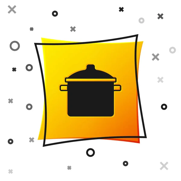 Black Cooking pot icon isolated on white background. Boil or stew food symbol. Yellow square button. Vector — Stock Vector