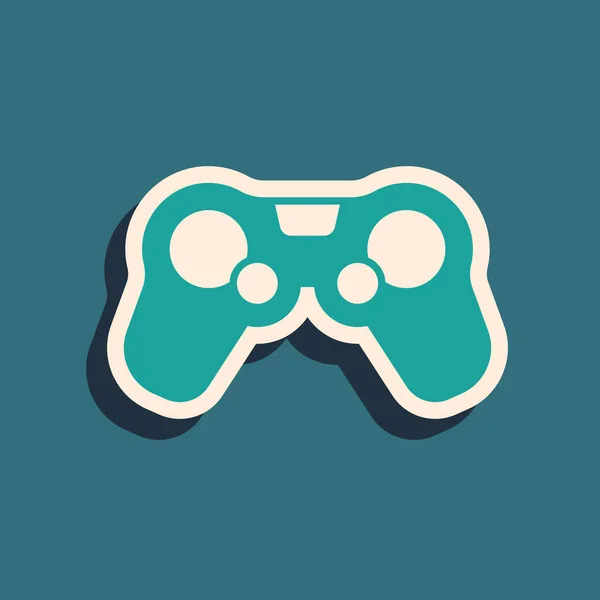 Zielona ikona Gamepad izolowana na zielonym tle. Kontroler gry. Długi styl cienia. Wektor — Wektor stockowy