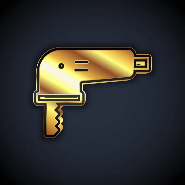 Jigsaw elétrico de ouro com ícone de lâmina afiada de aço isolado no fundo preto. Ferramenta elétrica para madeira. Vetor —  Vetores de Stock