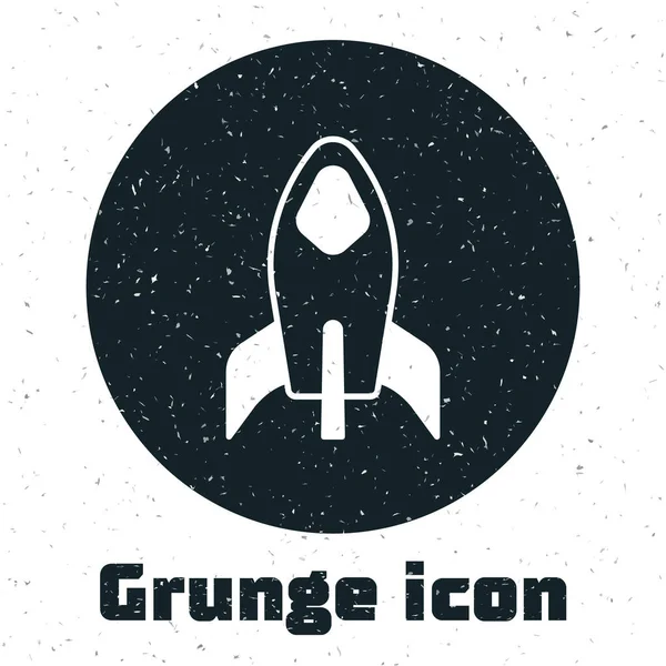 Grunge Rocket ship icon 은 흰색 배경에서 분리되었습니다. 우주 여행. 모노크롬 빈티지그리기. Vector — 스톡 벡터