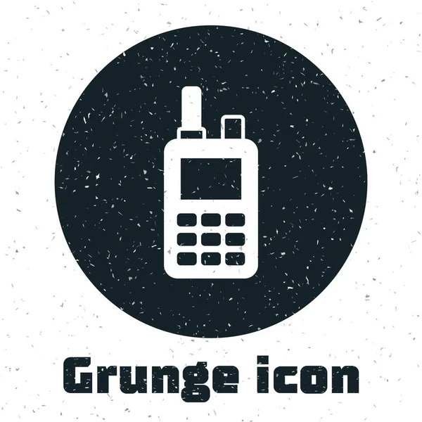 Grunge Walkie talkie icon isolated on white background. Portable radio transmitter icon. Radio transceiver sign. Monochrome vintage drawing. Vector — Stockový vektor