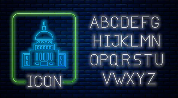 Glowing neon White House icon isolated on brick wall background. Washington DC. Neon light alphabet. Vector — Wektor stockowy