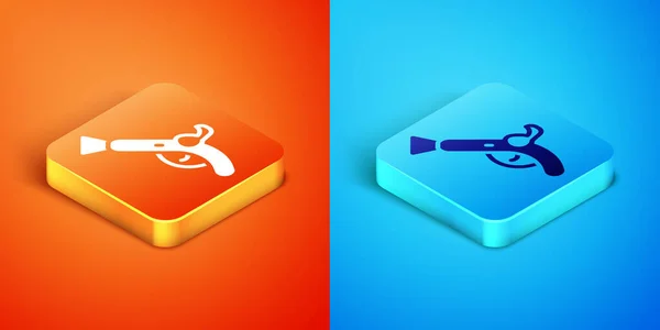 Isometric Vintage pistols icon isolated on orange and blue background. Ancient weapon. Vector — Stock vektor