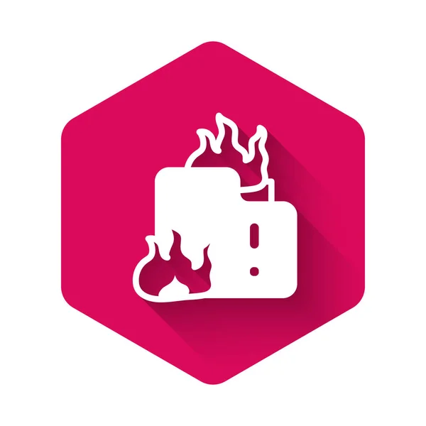White Fire in burning house icon isolated with long shadow background. Pink hexagon button. Vector — 图库矢量图片