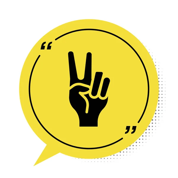 Black Hand showing two finger icon isolated on white background. Hand gesture V sign for victory or peace. Yellow speech bubble symbol. Vector — 스톡 벡터