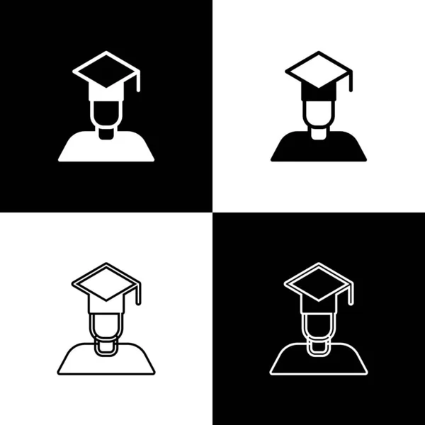 Set Icono de la gorra de graduación y graduación aislado sobre fondo blanco y negro. Vector — Archivo Imágenes Vectoriales