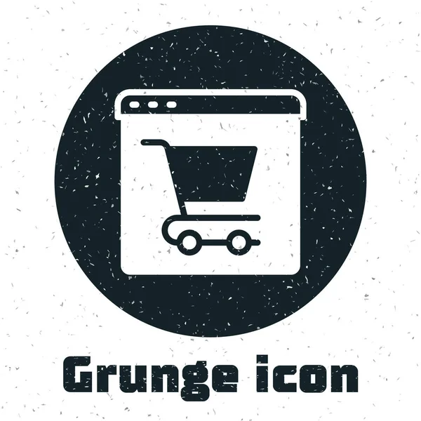 Grunge Compras on-line no ícone de tela isolado no fundo branco. Conceito e-commerce, e-business, marketing de negócios online. Desenho vintage monocromático. Vetor —  Vetores de Stock