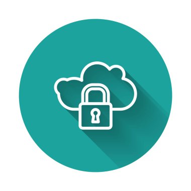 White line Cloud computing lock icon isolated with long shadow. Security, safety, protection concept. Protection of personal data. Green circle button. Vector Illustration