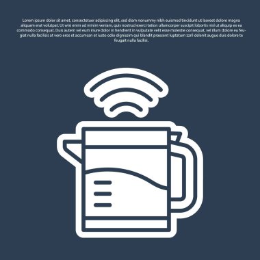 Blue line Smart electric kettle system icon isolated on blue background. Teapot icon. Internet of things concept with wireless connection. Vector