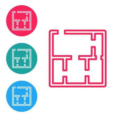 Kırmızı çizgi ev planı simgesi beyaz arkaplanda izole edildi. Simgeleri daire düğmelerine ayır. Vektör