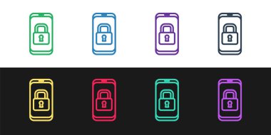 Set line Smartphone with closed padlock icon isolated on black and white background. Phone with lock. Mobile security, safety, protection concept. Vector