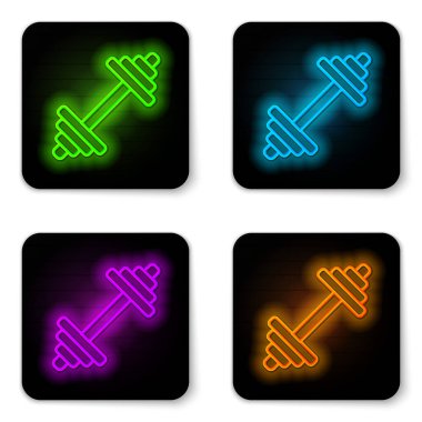 Parlayan neon hattı Dumbbell simgesi beyaz arkaplanda izole edildi. Kas kaldırma ikonu, fitness halteri, spor aletleri, egzersiz yaban domuzu. Siyah kare düğme. Vektör