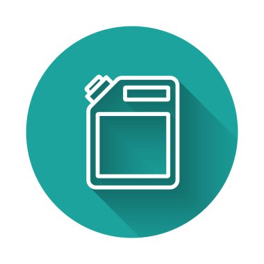 White line Canister for gasoline icon isolated with long shadow. Diesel gas icon. Green circle button. Vector