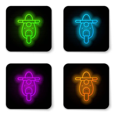 Parlayan neon çizgisi Scooter simgesi beyaz arkaplanda izole edildi. Siyah kare düğme. Vektör