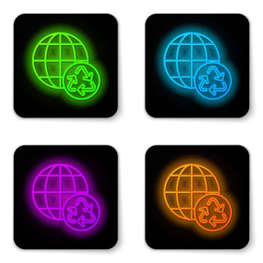 Glowing neon line Planet earth and a recycling icon isolated on white background. Environmental concept. Black square button. Vector