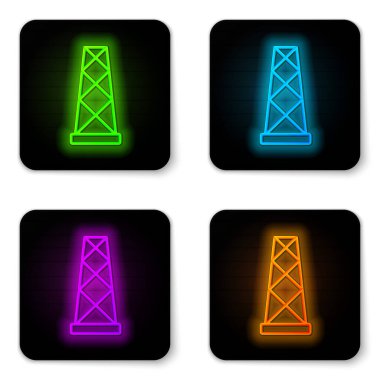 Glowing neon line Antenna icon isolated on white background. Radio antenna wireless. Technology and network signal radio antenna. Black square button. Vector