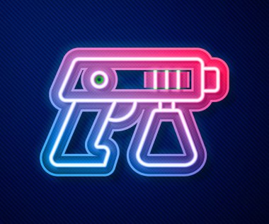 Parlak neon hattı sprey tabanca ikonu mavi arkaplanda izole edildi. Vektör