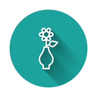 White line Flower in vase icon isolated with long shadow background. Green circle button. Vector