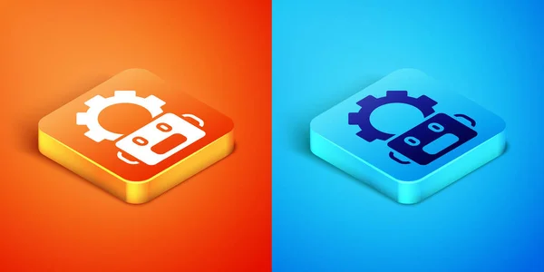 Isometric Robot setting icon isolated on orange and blue background. Artificial intelligence, machine learning, cloud computing. Vector — Stockový vektor