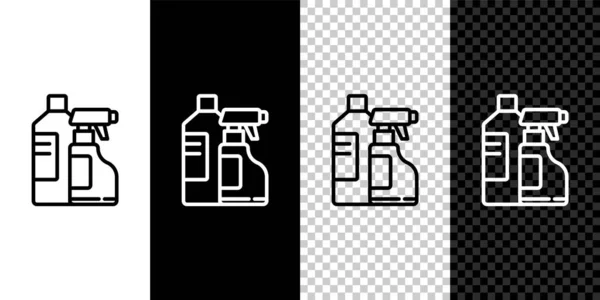 Set line Plastové láhve na prací prostředek, bělidlo, mycí kapalina nebo jiný čisticí prostředek ikona izolované na černém a bílém pozadí. Vektorová ilustrace — Stockový vektor