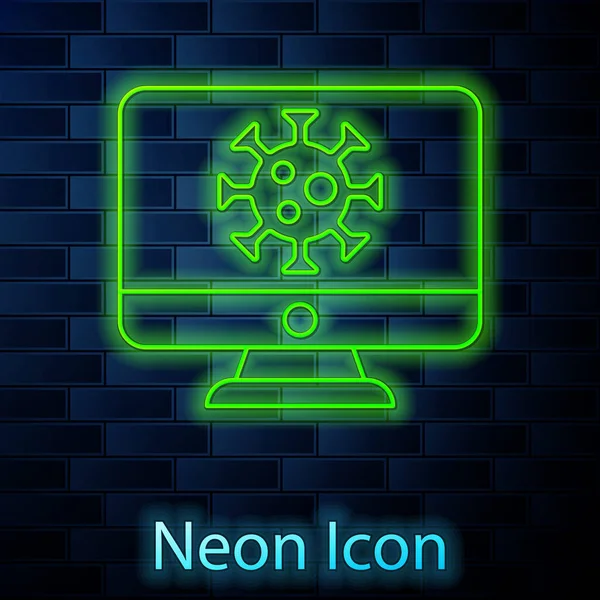 Glowing neon line Virus statistics on monitor icon isolated on brick wall background. Corona virus 2019-nCoV. Bacteria and germs, cell cancer, microbe, fungi. Vector. — Stok Vektör