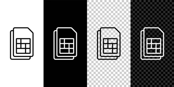 Siyah ve beyaz arkaplanda Sim kart simgesini ayarla. Cep telefonu sim kart çipi. Mobil telekomünikasyon teknolojisi sembolü. Vektör — Stok Vektör
