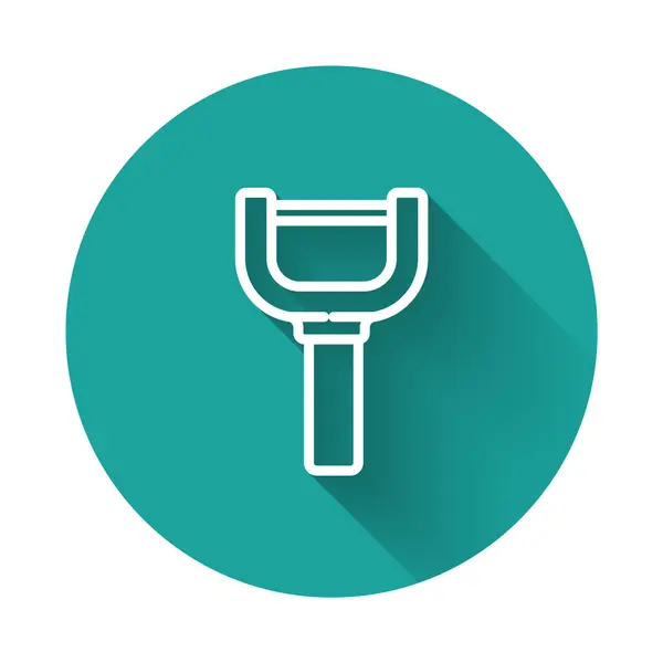 White line Peeler icon isolated with long shadow. Knife for cleaning of vegetables. Kitchen item, appliance. Green circle button. Vector — 스톡 벡터